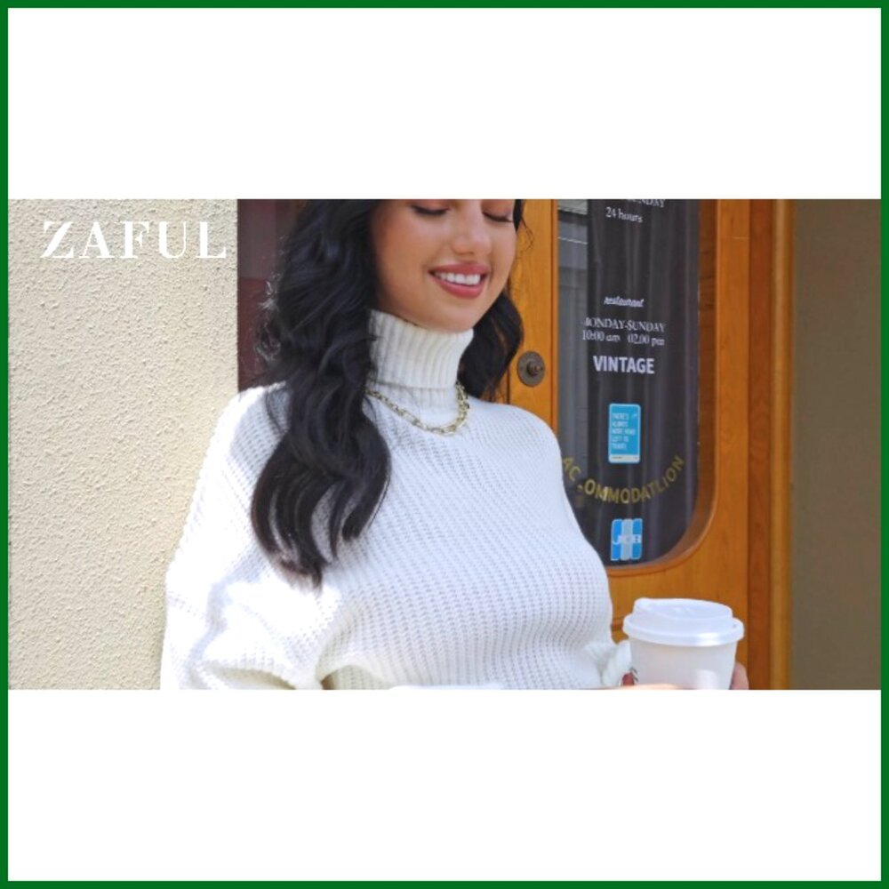 Cropped Turtleneck Sweater Lantern Sleeve Ribbed Knit Pullover - Picture 7 of 7